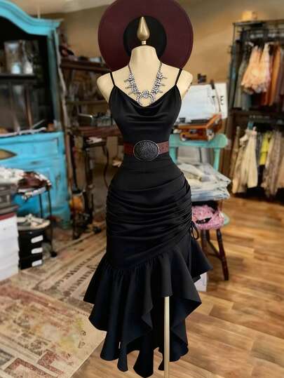 Franclia Solid Color Draped Ruffle Hem Elegant Camisole Dress Black Party Dress Black Cocktail Dress Black Ruffle Dress Black Club Dress Black Cowl Neck Dress Black Slip Dress