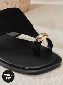 SHUZIA 女士宽楦户外平底凉鞋趾环套脚露趾拖鞋 - 黑色 - 查看 4