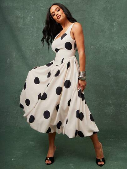 Vixey Polka Dot Puff Sleeve Bubble Hem Drop Waist Midi Dress