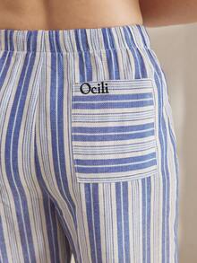 Ocili Quần vải cotton pha trộn sọc cơ bản có dây rút, quần mặc nhà thoải mái dễ chịu cho mùa thu, thời trang mùa thu và mùa đông - Xanh và trắng - Xem 2