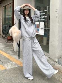 DAZY 女士休闲纯色纹理连帽衫和裤子两件套，秋冬家居服套装 - 灰色 - 查看 7