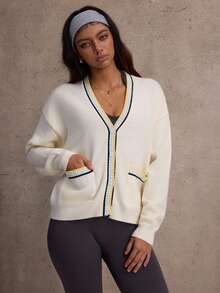 SHEIN Dewbera Contrast Trim Loose Fit V-Neck Long Sleeve Knit Sweater - White - View 3