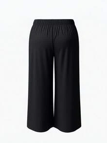 SHEIN Women Plus Size Solid Color Casual Pleated Wide Leg Pants - Black - View 2