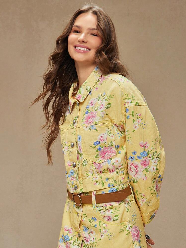 WESTFADE Collared Button Front Western Seamed 100% Cotton Denim Flower Print Denim Jacket Boho, Fall, Autumn, Winter, Country Concert - Multicolor - View 4