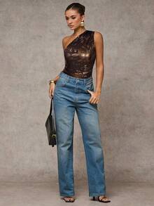 SHEIN BAE Women's Fashionable Casual Vacation Style All-Over Print Bodysuit - Coffee Brown - View 6