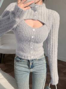 DAZY 纯色纽扣前开襟蓬松针织毛衣，长袖上衣，秋季女装