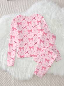 Tween Girl Pink Butterfly Print Knit Elastic Fabric Thickened Pajama Set, Long Sleeve Top And Pants, Fashionable, Elegant, Sweet Style  Snug Fit - Baby Pink - View 2