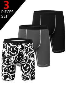 3 pièces/Paquet Sous-vêtements longs vintage streetwear confortables, doux et respirants avec imprimé tout-sur-tout de visages souriants graffitis pour adolescents garçons, multicolore