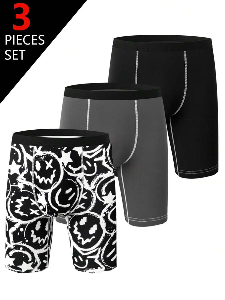 3 pièces/Paquet Sous-vêtements longs vintage streetwear confortables, doux et respirants avec imprimé tout-sur-tout de visages souriants graffitis pour adolescents garçons, multicolore