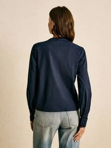 Poéselle Women's Casual Lace Patchwork Floral Embroidery Long Sleeve Shirt, Autumn Cotton - Navy Blue - View 3