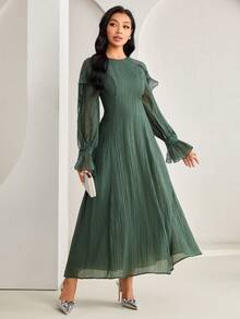 Veilorie Women's Elegant Party Solid Color Bell Sleeve Arabic Style Dress - Green - View 9
