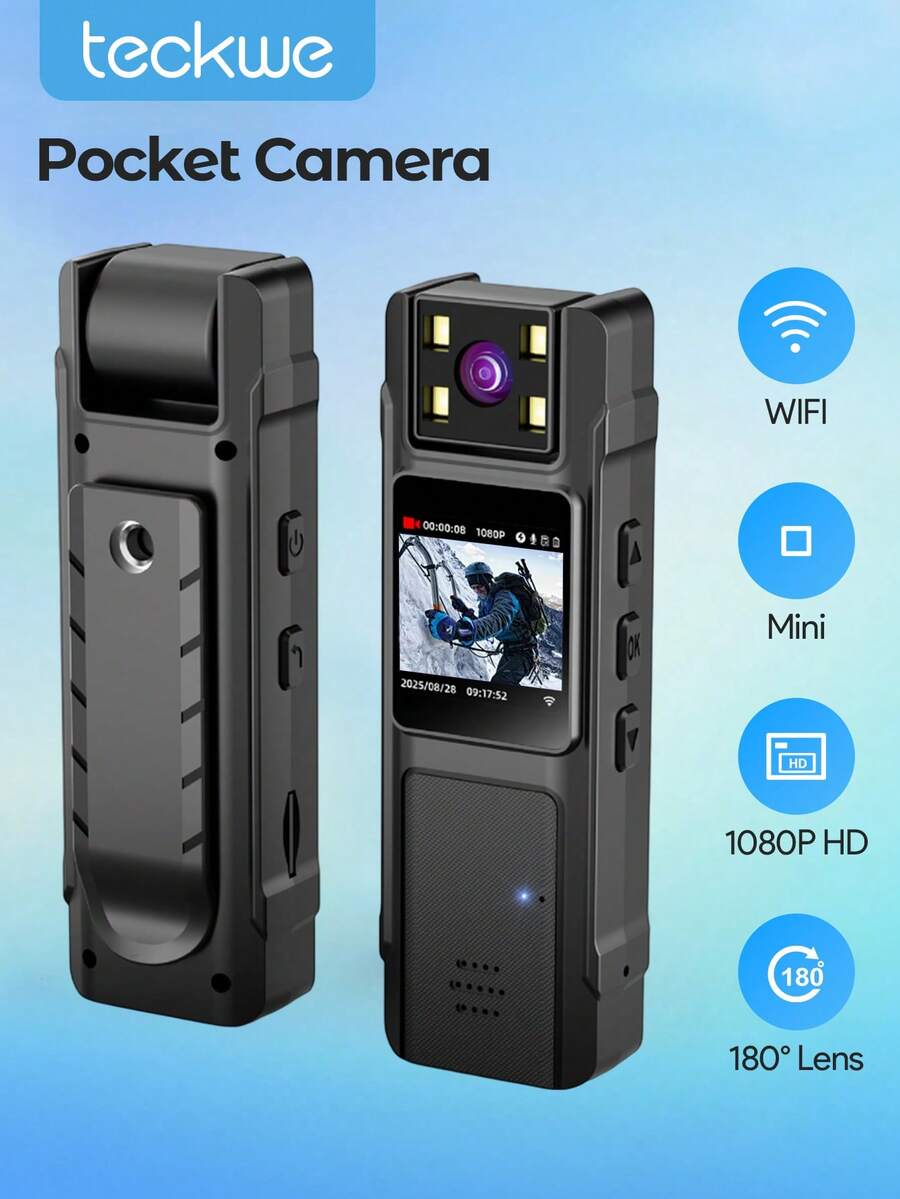 Teckwe 口袋运动相机、Vlog相机、1080P高清可穿戴式摄像机、WiFi迷你机身相机、拇指大小的第一视角相机、防水可穿戴式免提便携式运动相机、超广角视野、可安装在任何位置，适用于宠物、骑行、游泳、Vlog等场景。 - 相機 - 查看 1