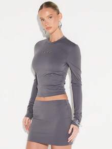 KIZN Atasan Lengan Panjang Leher Bulat, Pas Badan, Bahan Elastis, Kasual untuk Pemakaian Sehari-hari, Warna Polos, Kaos Dasar - Grey - View 5