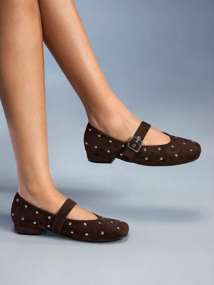 CUCCOO GRLICON Women's Studded Buckle Design Casual Chunky Heel Pumps, Suitable For Christmas, Thanksgiving, New Year Party Outfits