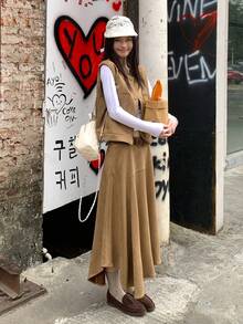 DAZY 女士麂皮休闲背心和裙子两件套 - 卡其色 - 查看 6