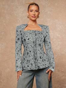 Lumalex Blazer Feminino de Manga Longa com Cintura Marcada, Bordado com Lantejoulas e Tweed Colorido, Recorte Vazado