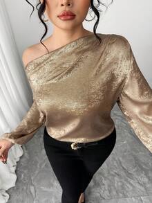 Elenzga Women's Fashionable Elegant Oblique Shoulder Long Sleeve Luxury Metallic Blouse