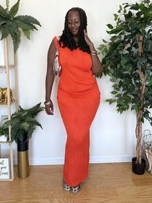 Truni 新款夏季优雅白色枣红色斜肩单肩露肩前褶修身长裙，波浪纹理针织面料，女士 - 橘色 - 查看 3