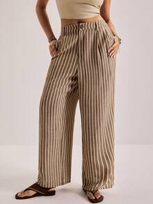 SHEIN VCAY Plus Size Casual Striped Loose Pants - Coffee Brown - View 6
