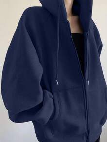 INAWLY 女士加大码宽松休闲连帽拉链外套 - 寶藍色 - 查看 4