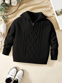 SHEIN Young Boy Solid Color Long Sleeve Zipper Sweater,In Fall/Winter - Black - View 9