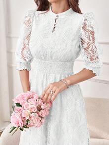 Modelyn Váy Maxi dự tiệc tối thanh lịch, cài nút ren, thắt eo - trắng - Xem 8