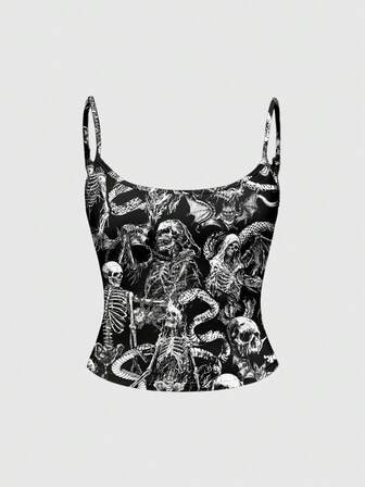 Goth Canotta nera oversize con motivi gotici di rovi, serpenti, teschi e pipistrelli, dal fascino misterioso