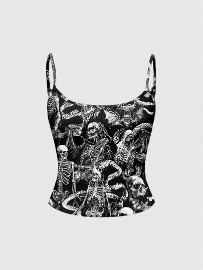 Goth قميص داخلي بحجم كبير ذو طابع غوثي داكن مزين بأشواك وغابة مرعبة وأفاع وجماجم وخفافيش، ذو طابع غامض وأسود اللون