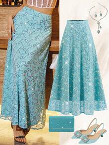 Ellevyn 女式亮片装饰腰部喇叭形 A 字优雅日常及派对半身裙，蓝色，秋冬 - 黑色 - 查看 2