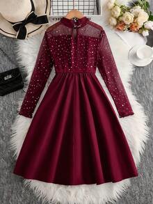 Sparklyn Mädchen elegantes Prinzessinnen-Stil schwarzes Mesh-Kleid - Bordeaux - Übersicht 2