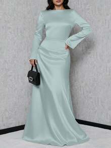 SHEIN Tall Women's Trumpet Sleeve Mermaid Dress - Dusty Blue - View 3