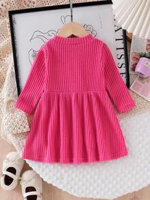 SHEIN Toddler Girls' Knitted Ribbed Crew Neck Long Sleeve Big Bow 3D Floral Sweater Dress, Sweet & Cute, Spring/Autumn - Hot Pink - View 2
