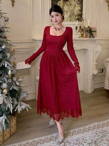 DAZY Women's Elegant Silver Lace Patchwork Mid-Length Dress, Autumn/Winter - Burgundy - View 1