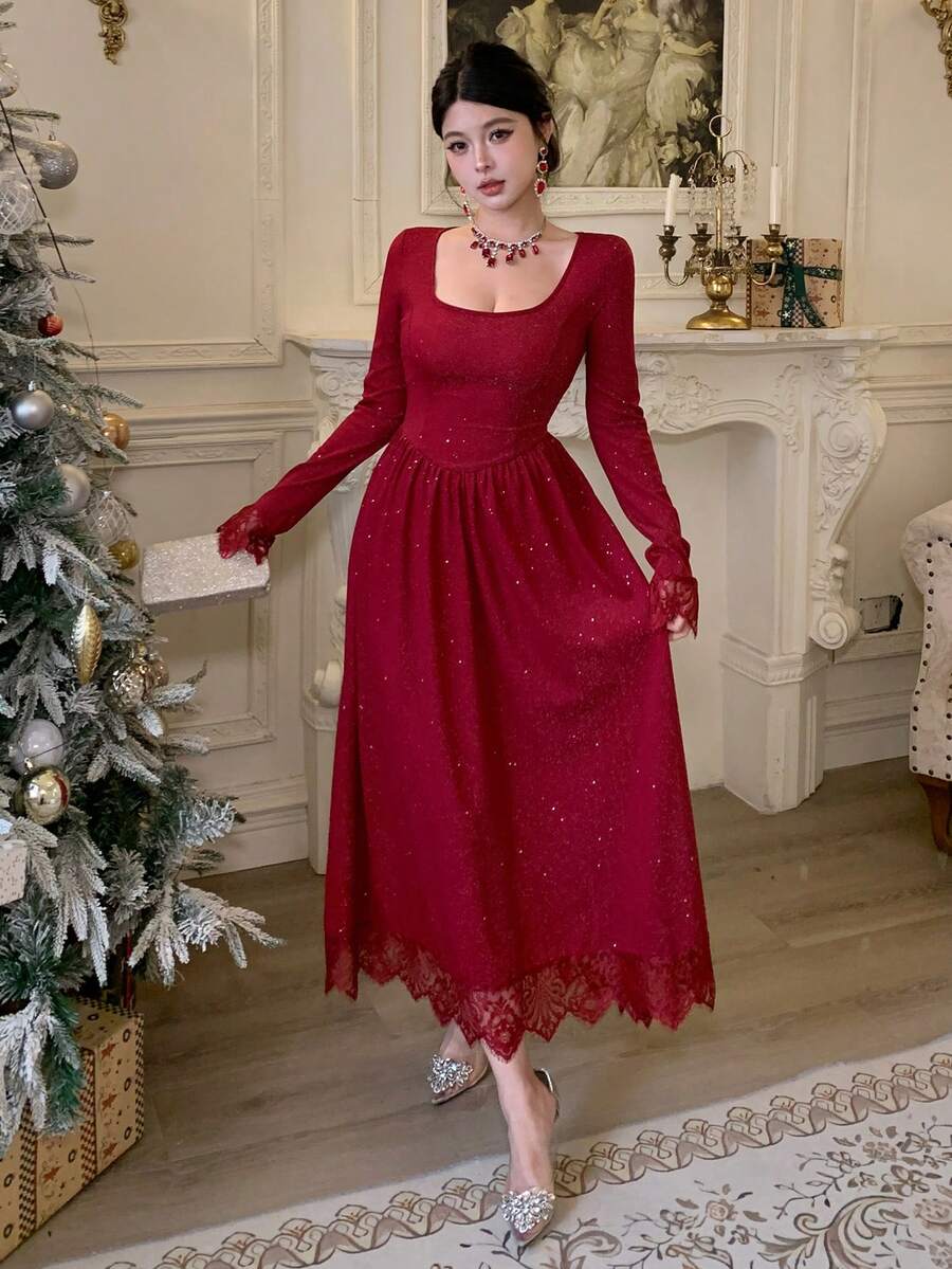 DAZY Women's Elegant Silver Lace Patchwork Mid-Length Dress, Autumn/Winter - Burgundy - View 1