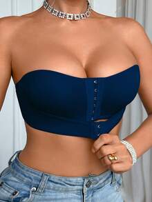 SHEIN Upgraded Front Closure Padded Push Up Bra, Easy To Wear - Navy Blue - View 3