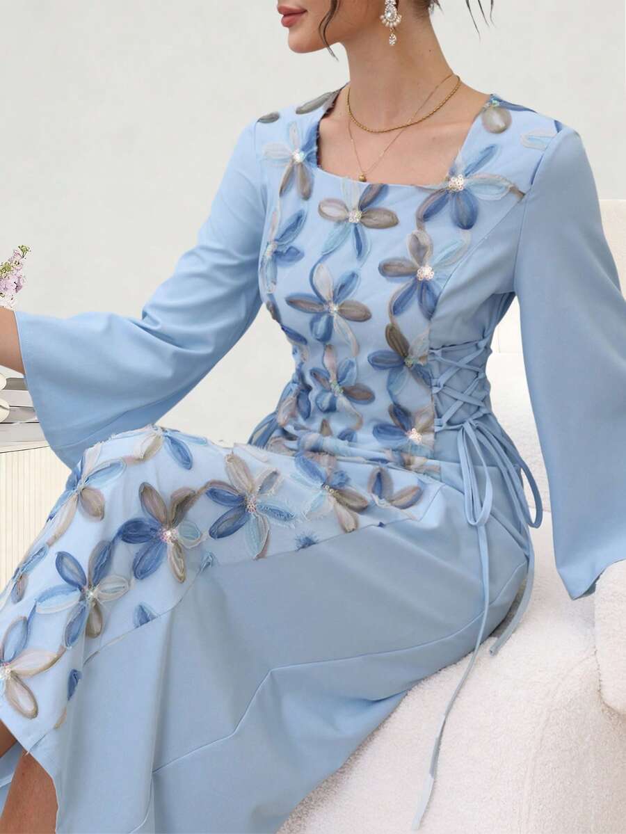 SHEIN Najma 女士提花面料拼接方领长袖腰带阿拉伯风格连衣裙 - 藍色 - 查看 1