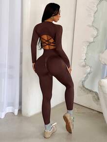 Dewbera Set de 2 piezas de top de manga larga y pantalones pitillo de unicolor, conjunto deportivo sin costuras para mujeres - Café integral - Ver 5