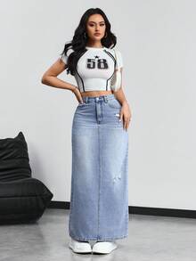 SHEIN Tall Falda vaquera larga casual desgastada y desgastada para mujer - Azul - Ver 6