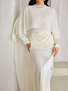 Veilorie Women's Solid Color Ruched Elegant Long Sleeve Arabic Dress - Beige - View 8