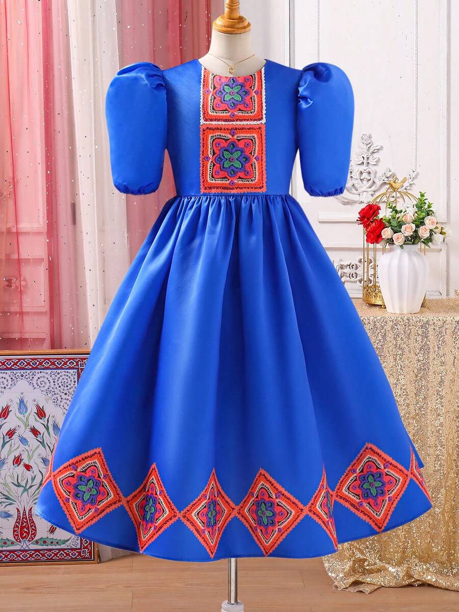 Tween Girls Floral Print Puff Sleeve Round Neck Blue Casual Dress - Blue - View 1