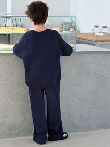 DAZY 青少年男孩字母印花圆领长袖卫衣和运动裤休闲套装 - 藏蓝色 - 查看 7
