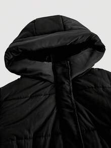 SHEIN MOD 大码女式黑色中长款连帽棉服外套、束腰长款棉服外套、连帽长款冬季夹克、基本款冬季棉服外套 - 黑色 - 查看 7