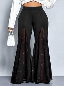 SOLERSUN 女士时尚优雅拼接闪亮雪纺开衩下摆黑色阔腿裤，适合工作、办公室穿着 - 黑色 - 查看 2