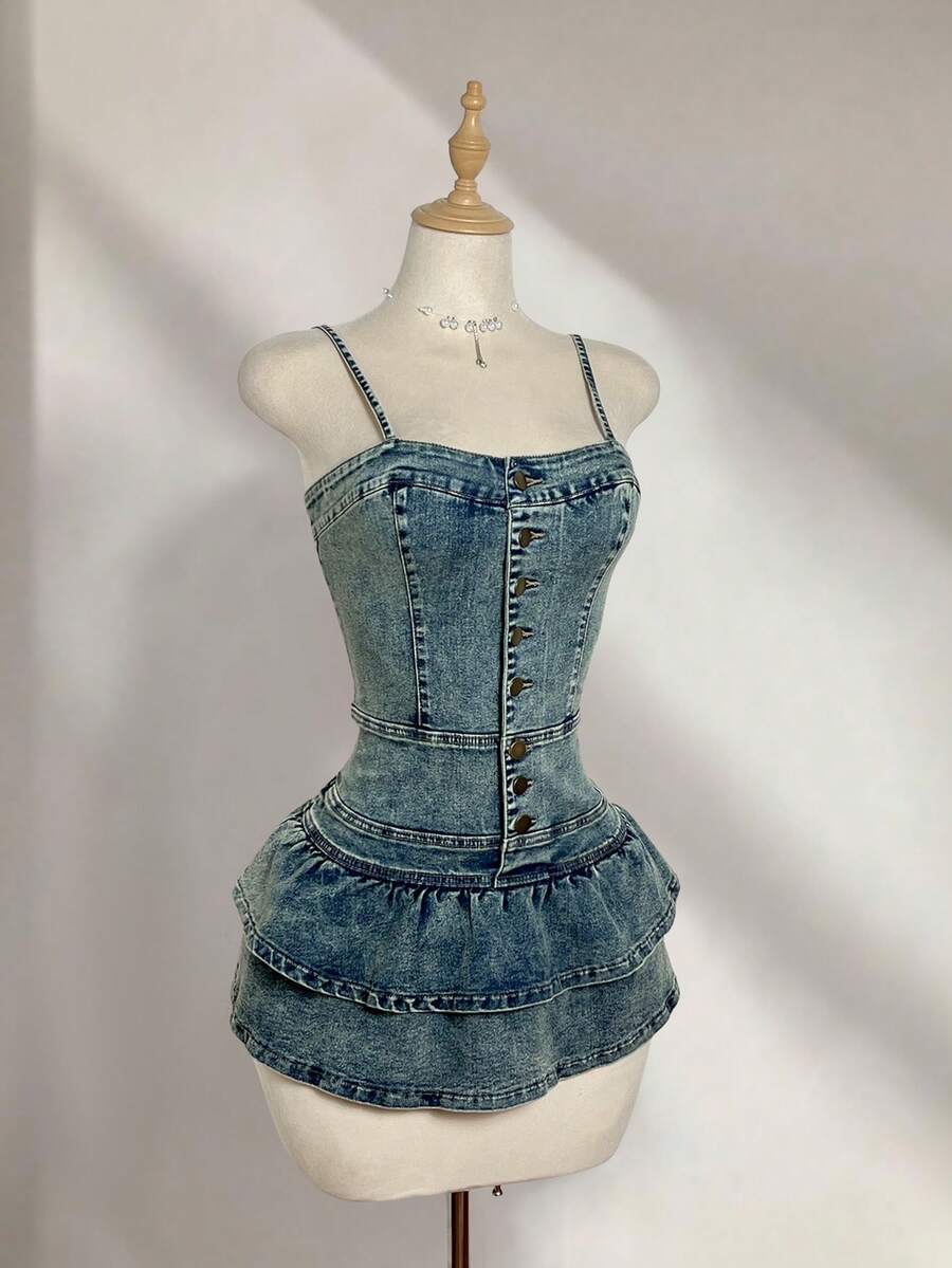 Elamini Fashionable Casual Y2K Denim Dress With Spaghetti Straps, Ruffle Trim And Open Front