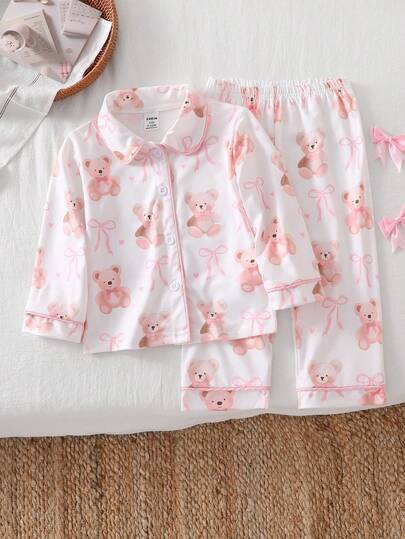 女婴粉色小熊蝴蝶结图案翻领开衫长袖长裤睡衣套装