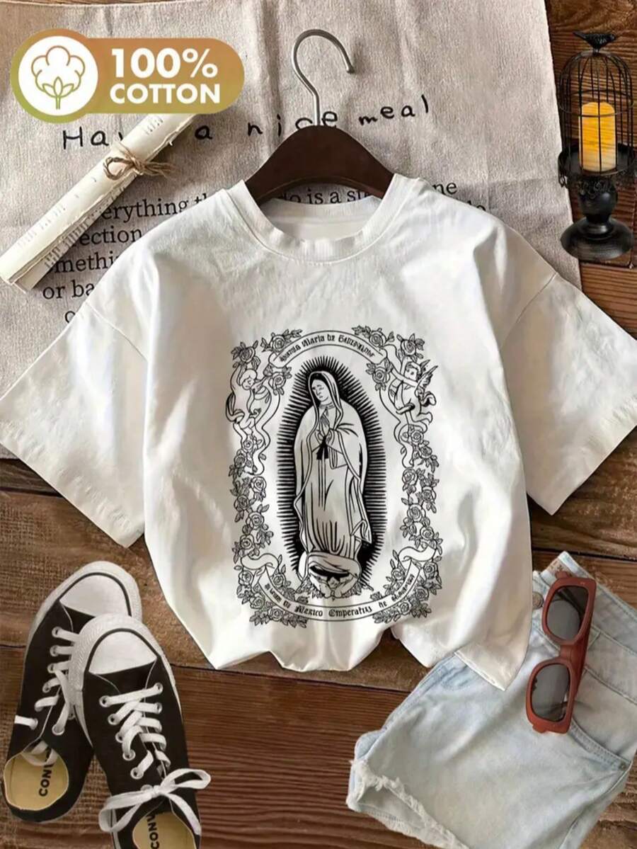 Playeras de la Virgen de Guadalupe para mujer, hechas en México, talla grande. - Blanco - Ver 1