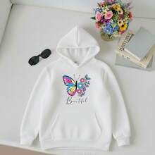 Sudadera informal con capucha para mujer con estampado floral de mariposas, mangas raglán largas y bolsillo COMODA SUAVE LIGERA IDEAL PARA TODAS LAS TEMPORADAS DEL AÑO - Blanco - Ver 1
