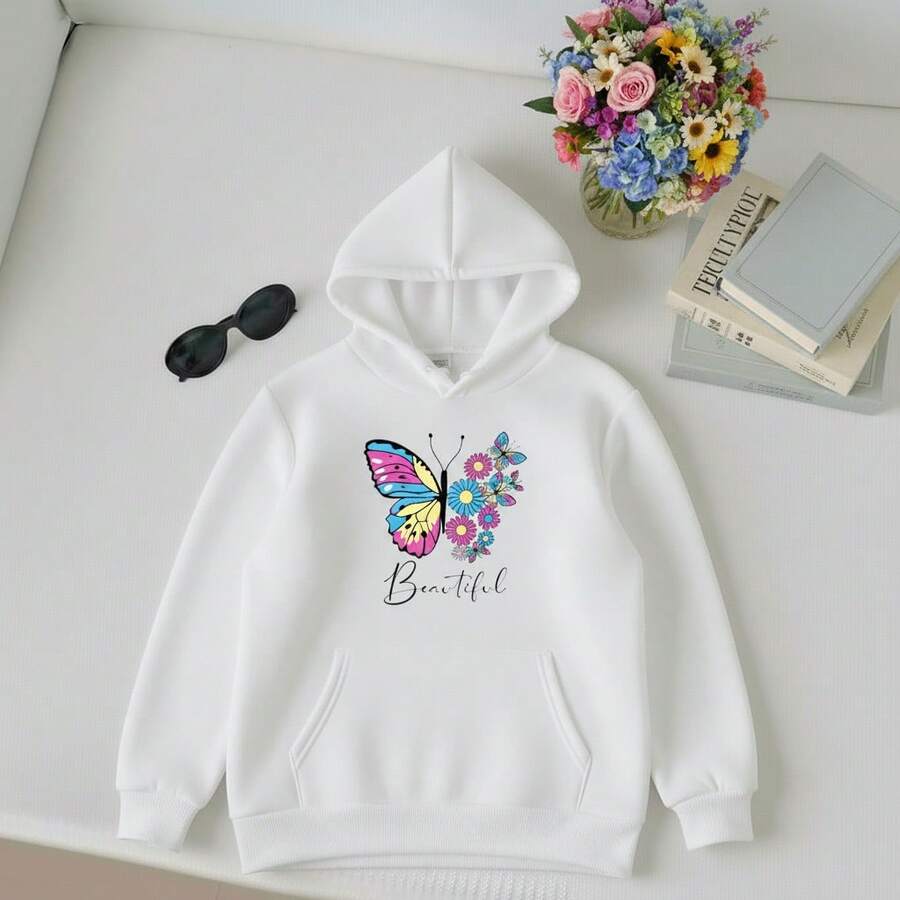 Sudadera informal con capucha para mujer con estampado floral de mariposas, mangas raglán largas y bolsillo COMODA SUAVE LIGERA IDEAL PARA TODAS LAS TEMPORADAS DEL AÑO - Blanco - Ver 1
