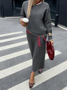 DAZY Women's Casual Colorblock Sweater And Skirt 2 Pieces Set, Autumn/Winter - Dark Grey - View 5