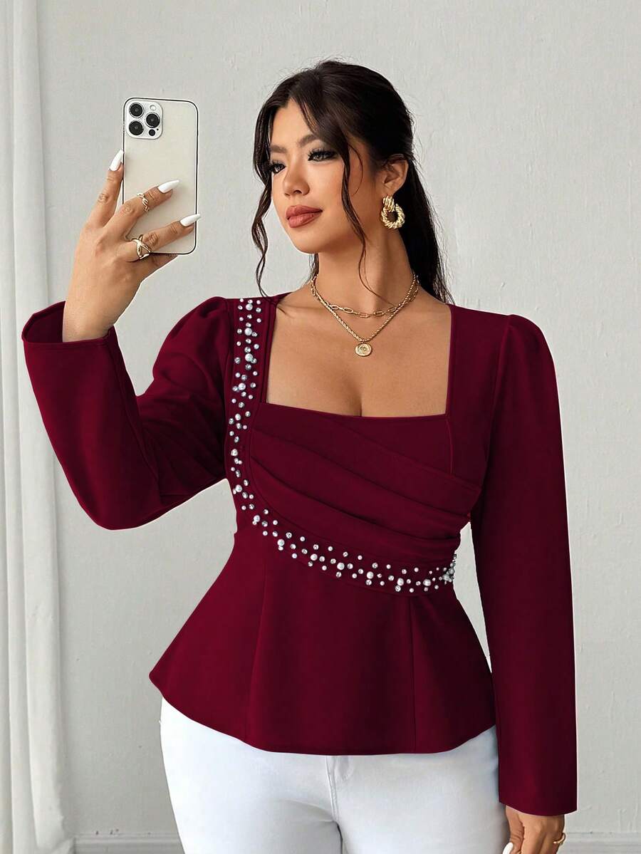 Elenzga Áo cánh nữ cổ vuông tay dài thắt eo đính ngọc trai thanh lịch lãng mạn mùa xuân/thu cỡ lớn - Màu Đỏ Sâu - Xem 1